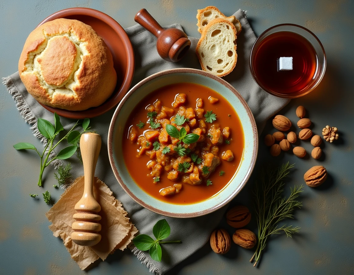 Vue aérienne des spécialités culinaires de Hamadan incluant dizi, pain sangak et herbes séchées sur fond de pierre dans un bazar iranien