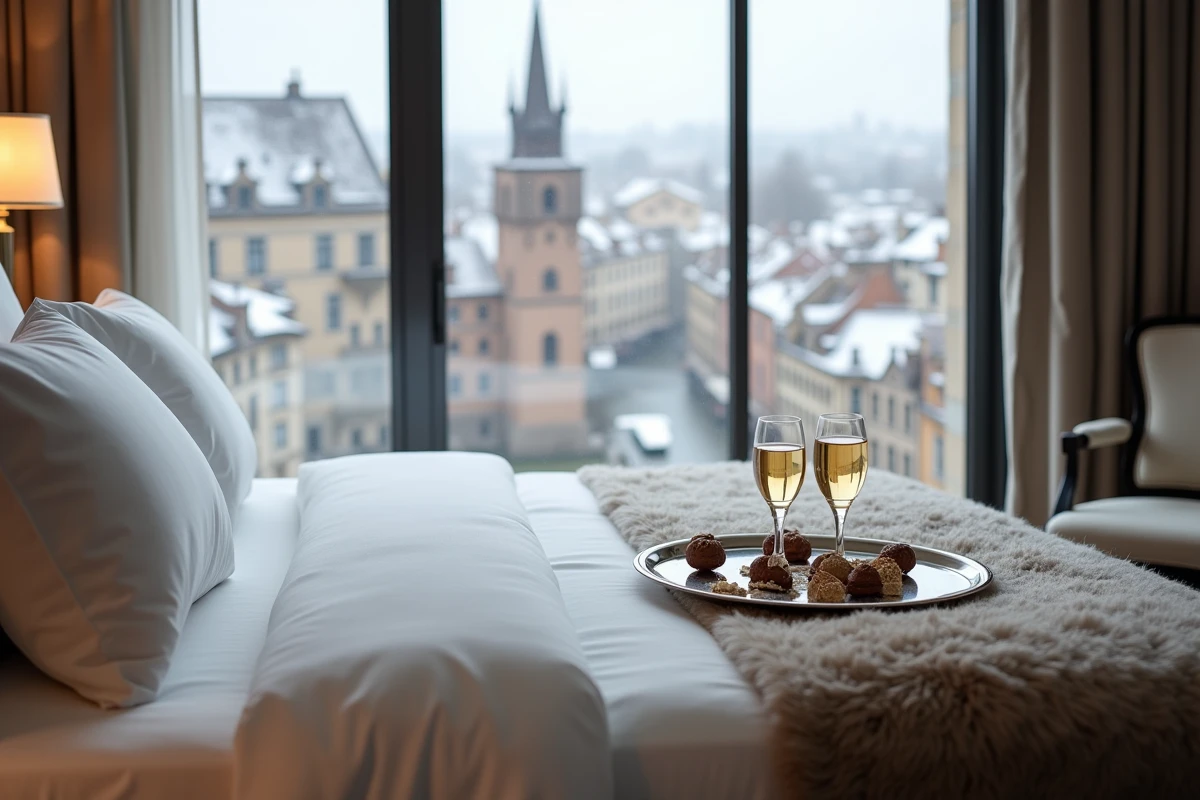 Suite luxueuse d'hôtel 5 étoiles à Strasbourg avec vue panoramique sur les toits enneigés de la Petite France