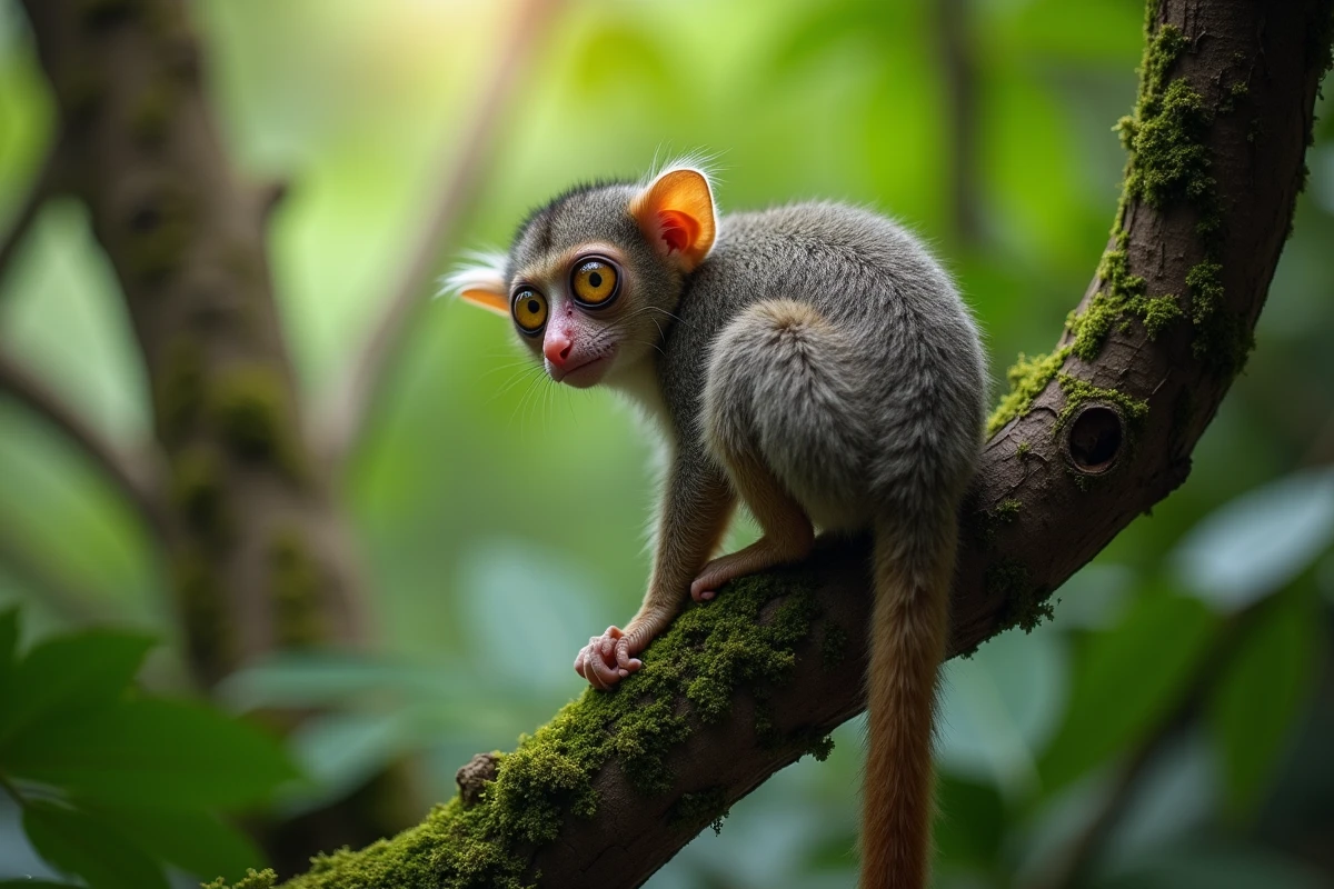 Tarsier philippin photographié de bas en haut sur une branche moussue, montrant sa rotation caractéristique de la tête