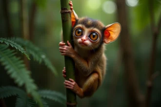 Tarsier des Philippines accroché à un bambou dans la forêt tropicale de Bohol, gros plan sur ses immenses yeux dorés