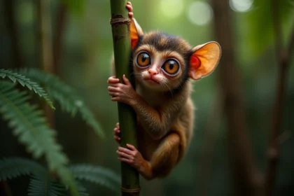 Tarsier des Philippines accroché à un bambou dans la forêt tropicale de Bohol, gros plan sur ses immenses yeux dorés