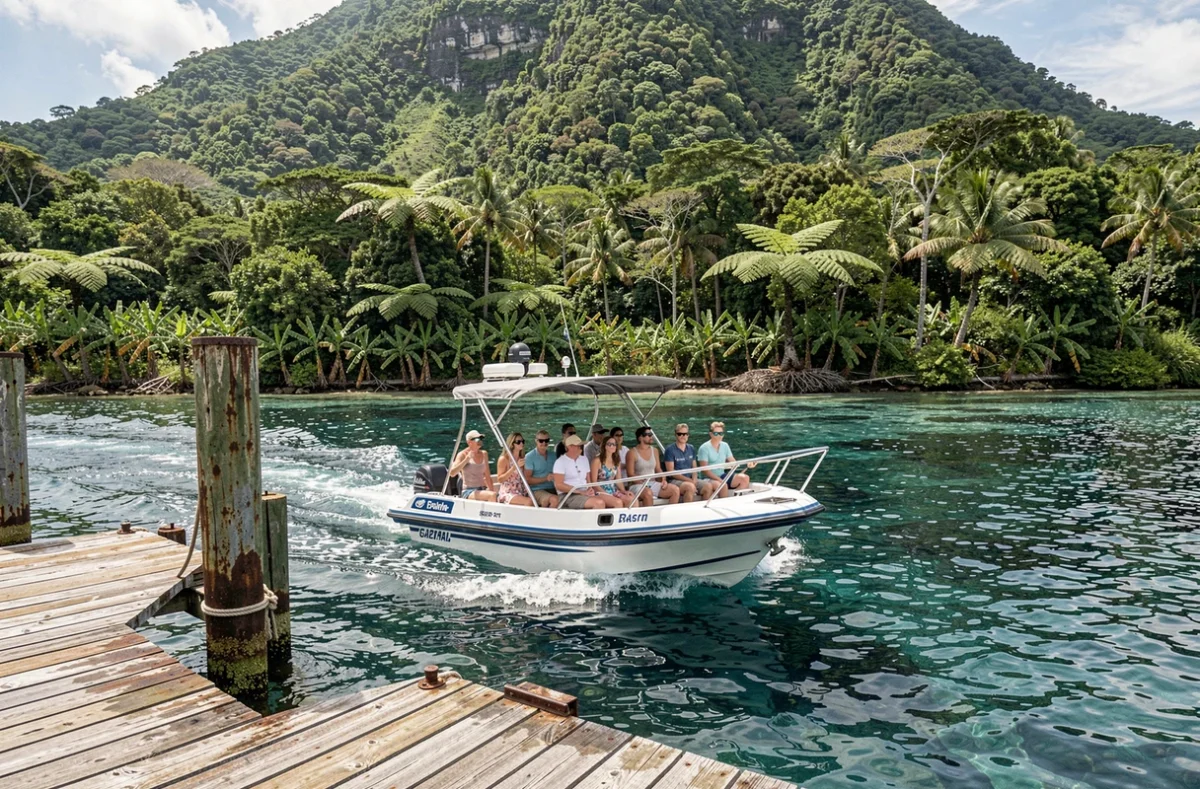 Bateau tender de croisière approchant un ponton tropical en Guadeloupe avec une végétation luxuriante en arrière-plan