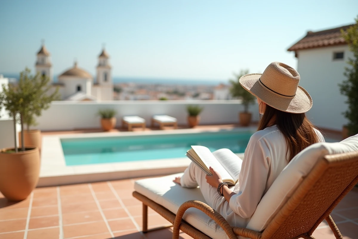 Femme sur la terrasse d'un hôtel boutique du centre de Malaga avec vue sur la cathédrale et la mer