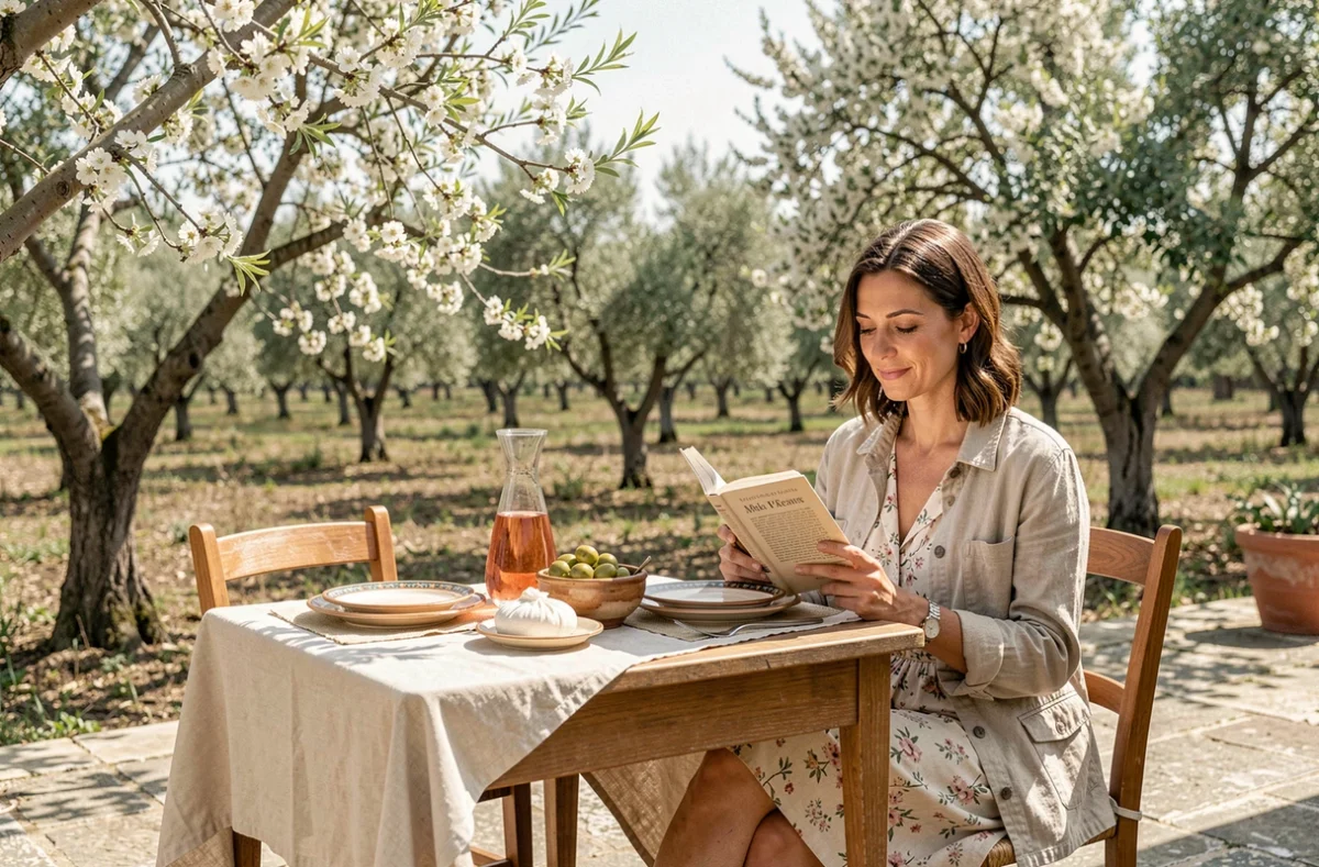 Terrasse de masseria avec table dressée et femme lisant un livre parmi les amandiers en fleurs près de Monopoli au printemps