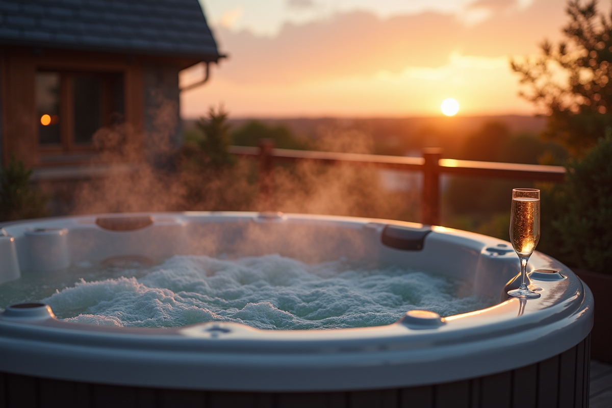 Soirée sur terrasse avec jacuzzi et coucher de soleil en Normandie