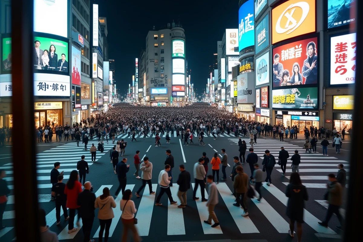 Carrefour de Shibuya la nuit vu depuis un café en hauteur avec la foule traversant sous les immenses panneaux publicitaires lumineux de Tokyo