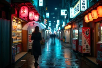 Ruelle de Shinjuku la nuit avec néons colorés se reflétant sur les pavés mouillés et une femme marchant sous un parapluie transparent à Tokyo