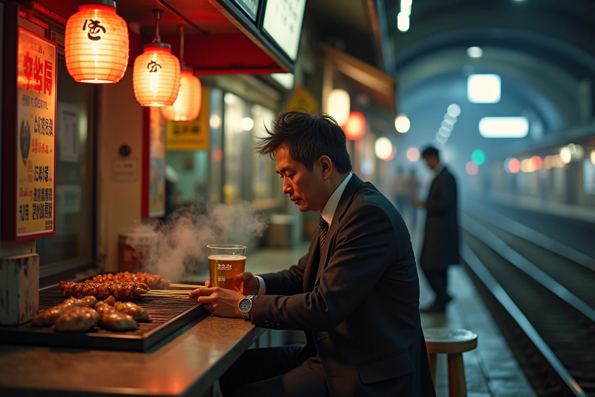 Homme japonais seul dégustant des yakitori dans un stand de rue sous les voies ferrées de Yurakucho la nuit avec des enseignes néon colorées en arrière-plan à Tokyo