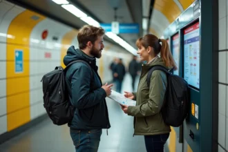 Couple de touristes confus devant un distributeur de tickets du métro U-Bahn de Berlin