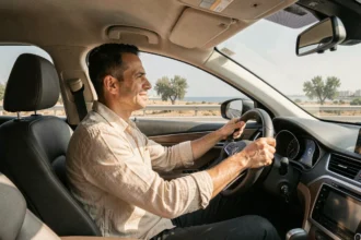 Homme tunisien conduisant une voiture sur l'autoroute entre Monastir et Tunis avec paysage côtier en arrière-plan