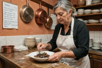 Femme cuisinière vénitienne préparant un plat traditionnel de sarde in saor dans une trattoria authentique de Venise