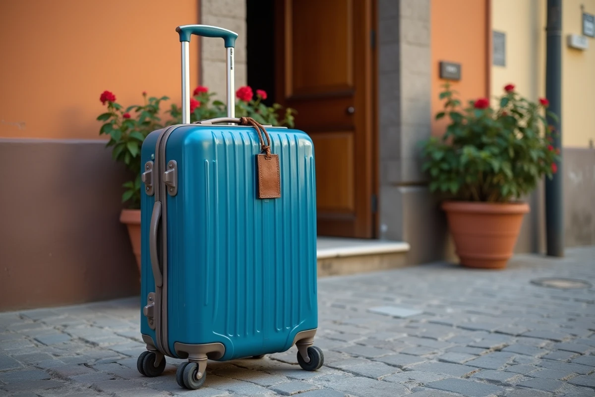 Valise bleue à roulettes devant l'entrée d'une auberge de jeunesse en Europe, voyage économique