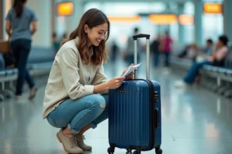 Jeune femme voyageuse avec une valise bleue compacte dans un aéroport, illustrant un voyage à petit budget