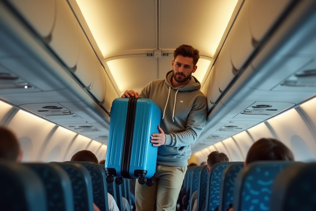 Homme rangeant une valise cabine bleue dans le compartiment d'un avion low-cost