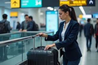 Femme essayant de faire entrer une valise cabine dans un gabarit de contrôle à l'aéroport