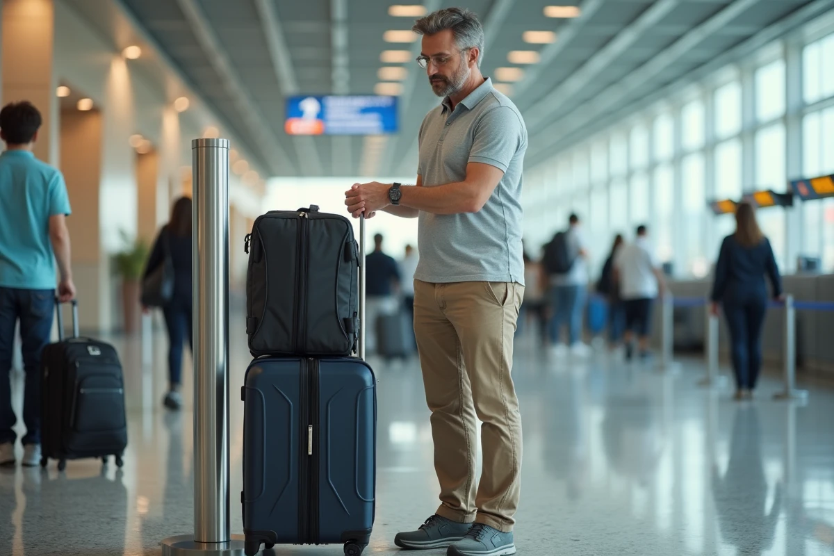Voyageur vérifiant la taille de son bagage cabine avec une jauge de mesure à l'aéroport