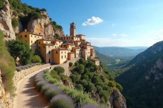 Vue panoramique du village perché de Gordes sur son éperon rocheux en Provence avec lavande en premier plan