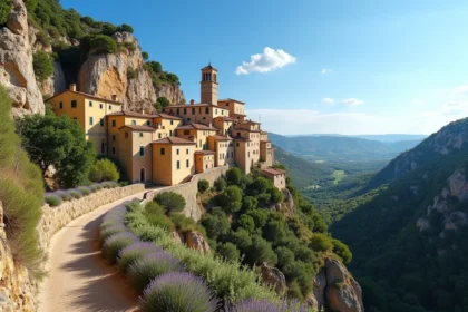 Vue panoramique du village perché de Gordes sur son éperon rocheux en Provence avec lavande en premier plan