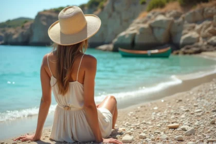Jeune femme seule sur une plage de galets déserte en août, destination méditerranéenne peu fréquentée avec bateaux de pêche