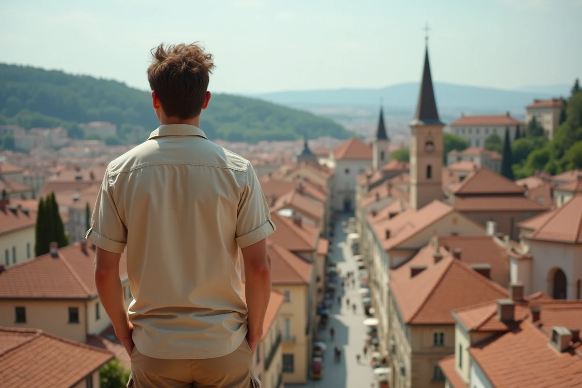 Voyageur solitaire contemplant une vieille ville d'Europe de l'Est peu fréquentée en été, destination économique pour août