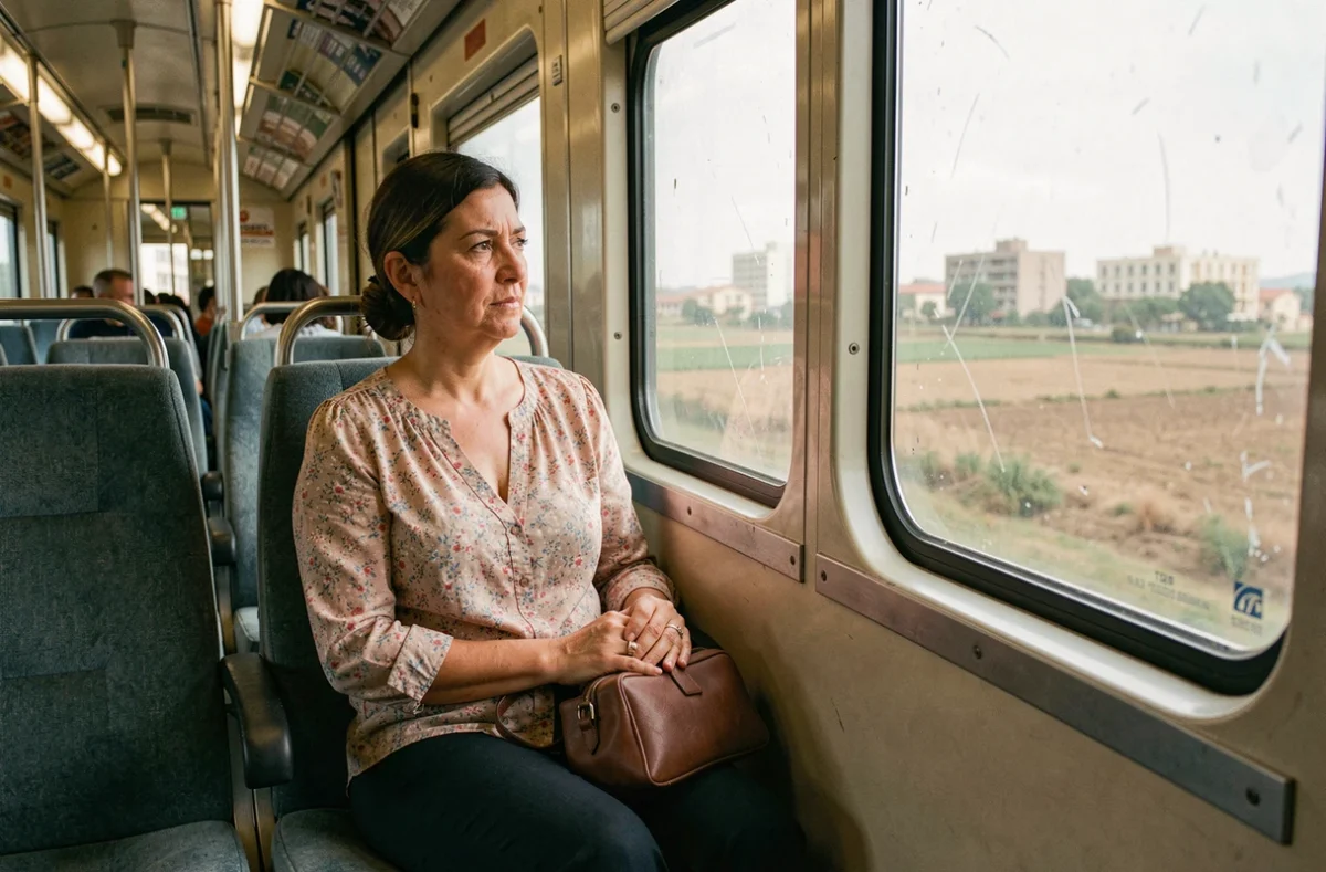 Femme tunisienne voyageant en train entre Monastir et Tunis assise près de la fenêtre du wagon SNCFT