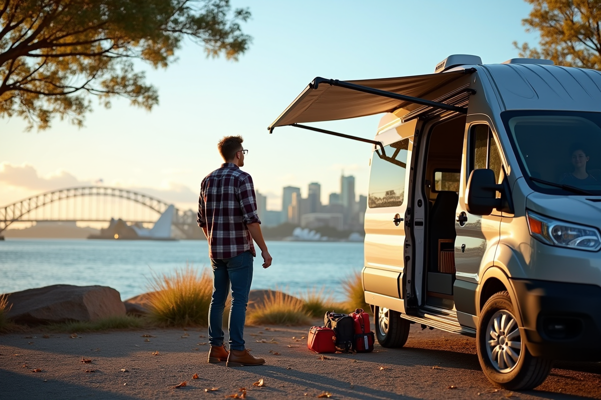 Jeune voyageur près de son van avec la skyline de Sydney