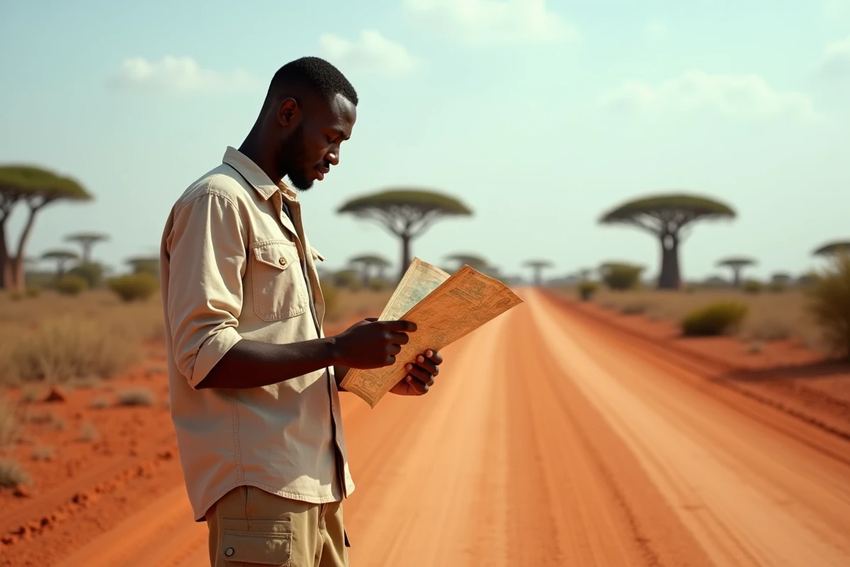 Voyageur consultant une carte du Sénégal au bord d'une piste en terre rouge en Afrique de l'Ouest