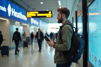 Homme avec sac à dos dans hall d Heathrow en voyage