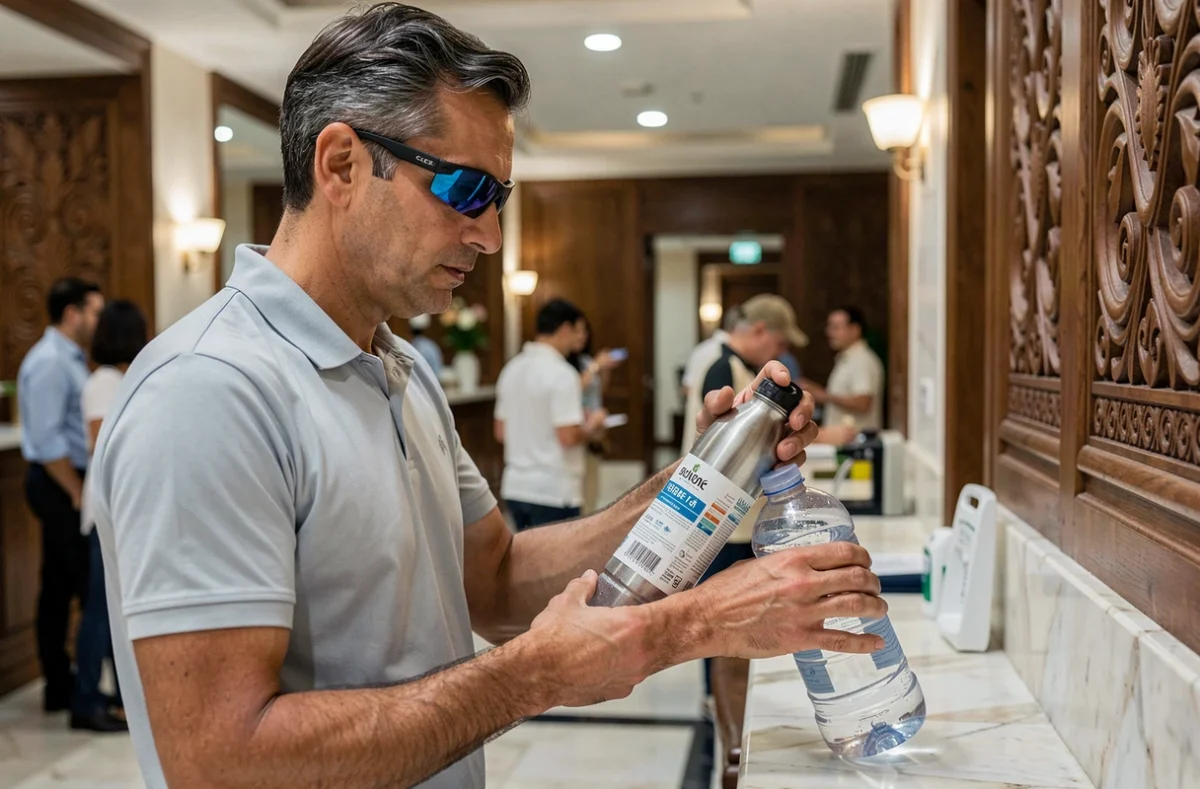 Voyageur remplissant une gourde dans un hôtel en Égypte, conseil hydratation essentiel pour voyager en août dans la chaleur égyptienne