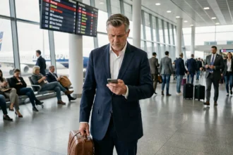 Voyageur d'affaires face à un retard de vol Delta Airlines dans un terminal d'aéroport international