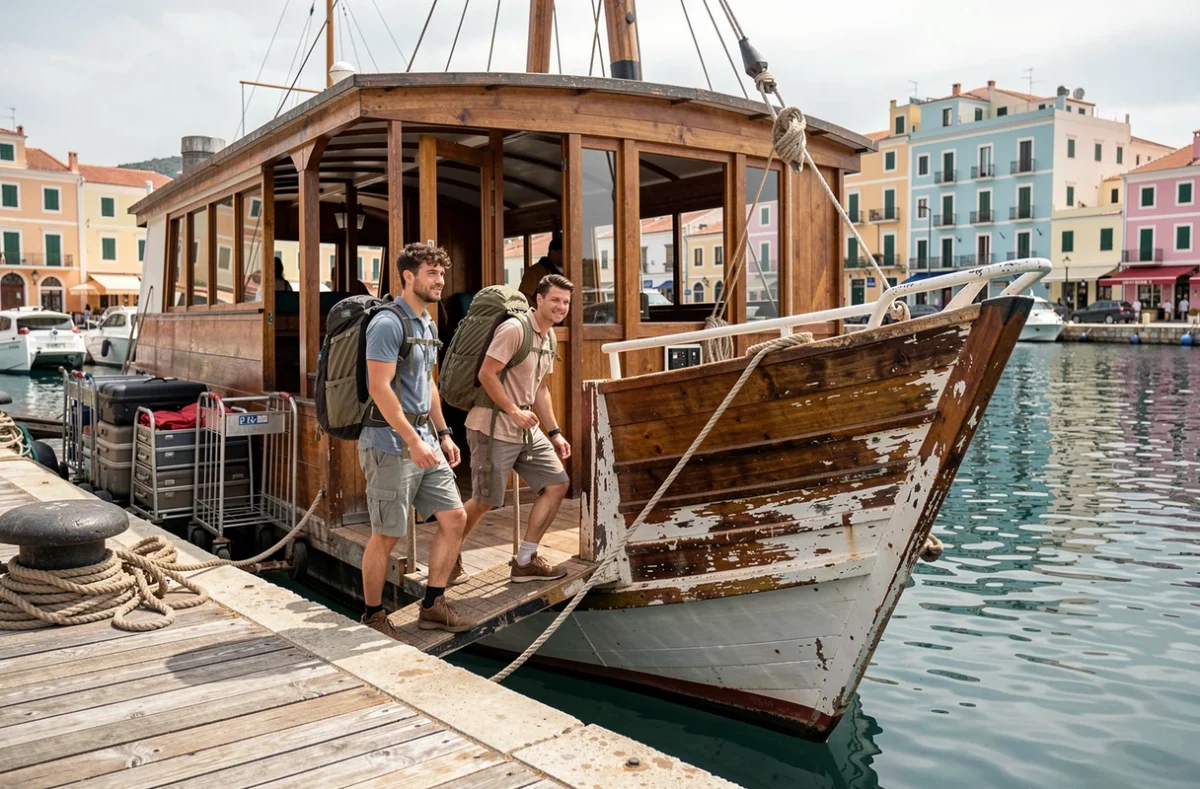 Deux voyageurs montant à bord d'un ferry au port de Lipari avec leurs sacs à dos pour découvrir les îles Éoliennes