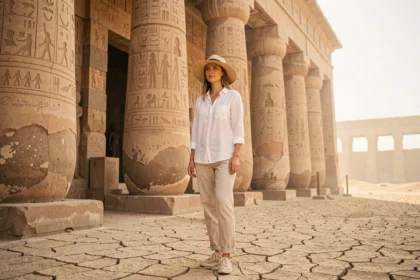 Voyageuse en tenue légère devant un temple égyptien en août, illustrant les conseils vestimentaires pour visiter l'Égypte en été