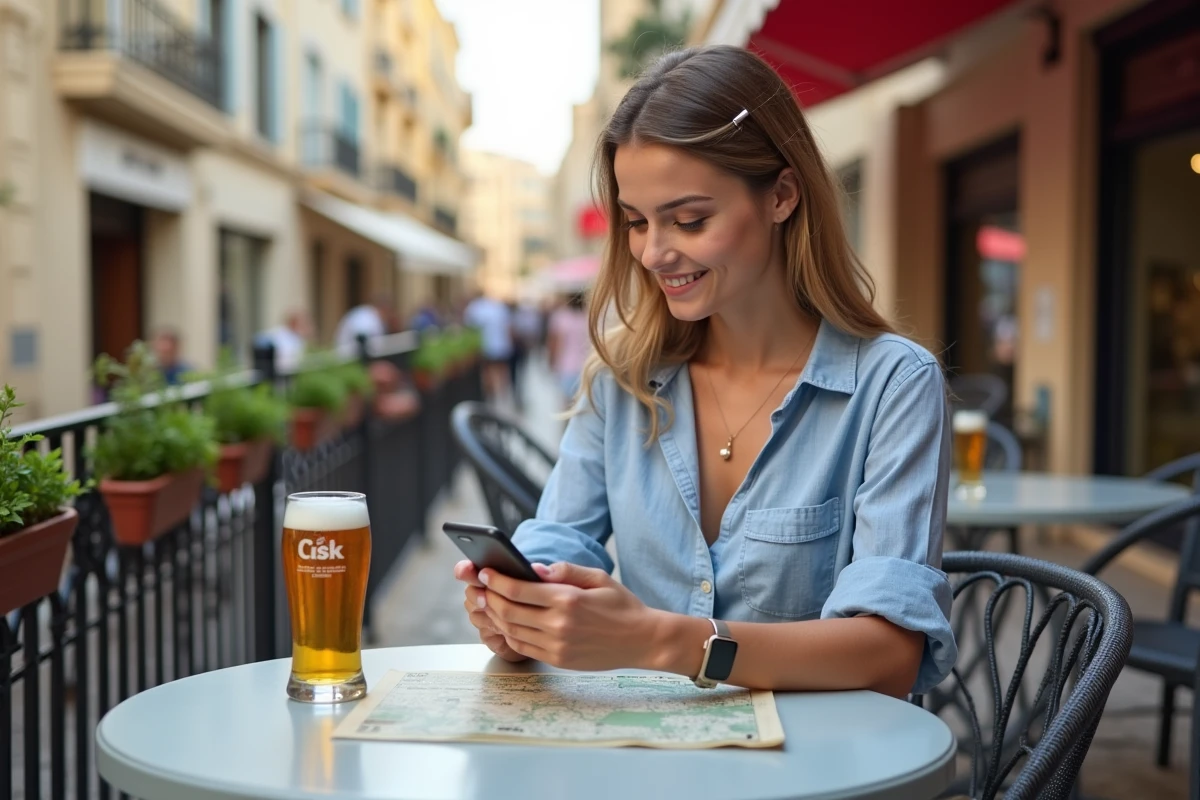 Jeune femme voyageuse assise en terrasse à Paceville Malte consultant son téléphone avec une bière locale et une carte sur la table
