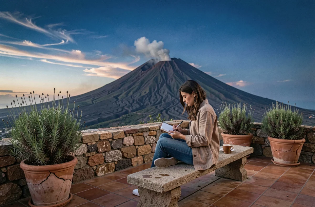 Voyageuse écrivant dans son journal sur une terrasse avec vue sur le volcan Stromboli dans les îles Éoliennes