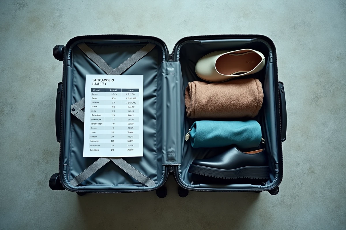 Vue de dessus d'une valise cabine ouverte à côté d'un tableau des dimensions autorisées en avion